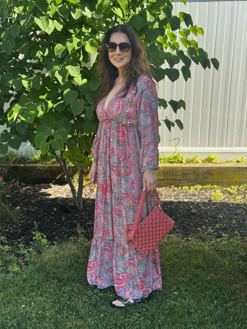 Vintage Boho Italian Silk Paisley Print Maxi Dress